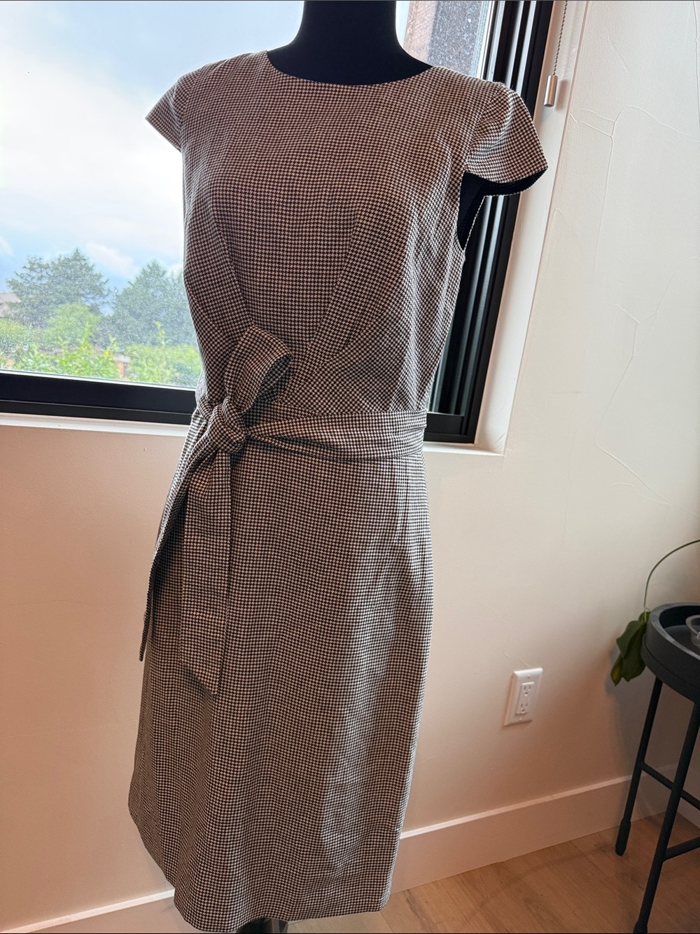 J. Crew Black & White Gingham Tie-Waist Midi Dress